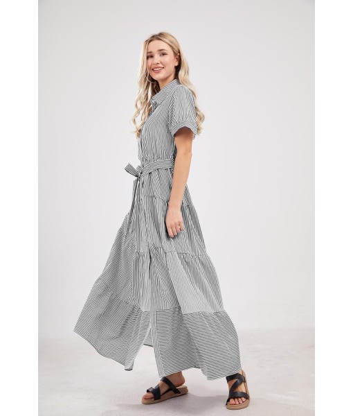 utcoco Womens Casual Short Sleeve Button Down Tie Waist Ruffled Striped Maxi Shirt Dress