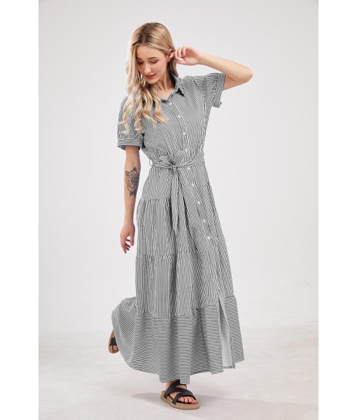 utcoco Womens Casual Short Sleeve Button Down Tie Waist Ruffled Striped Maxi Shirt Dress