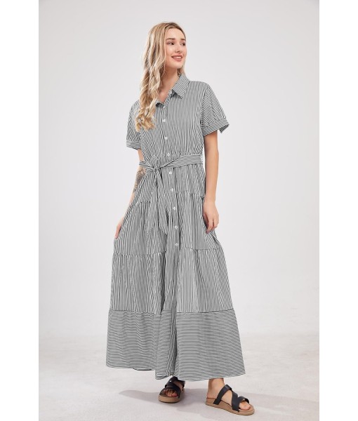 utcoco Womens Casual Short Sleeve Button Down Tie Waist Ruffled Striped Maxi Shirt Dress