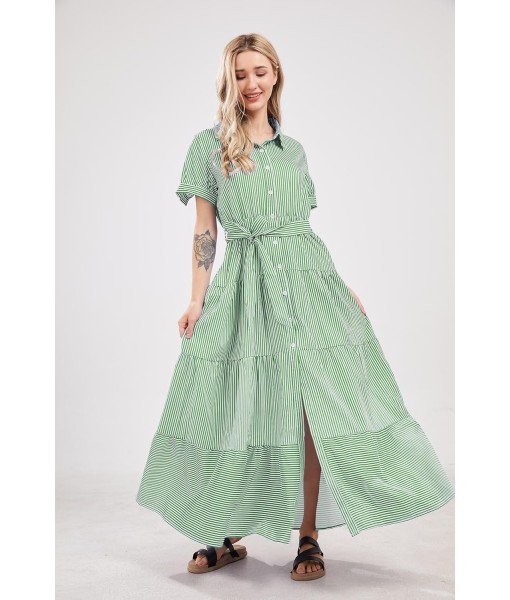 utcoco Womens Casual Short Sleeve Button Down Tie Waist Ruffled Striped Maxi Shirt Dress