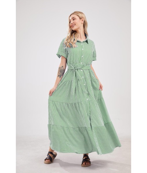 utcoco Womens Casual Short Sleeve Button Down Tie Waist Ruffled Striped Maxi Shirt Dress
