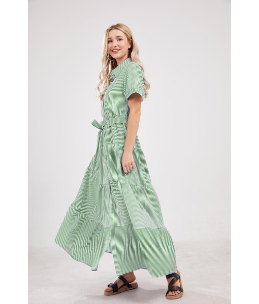 utcoco Womens Casual Short Sleeve Button Down Tie Waist Ruffled Striped Maxi Shirt Dress