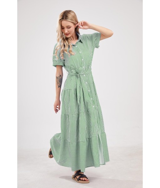 utcoco Womens Casual Short Sleeve Button Down Tie Waist Ruffled Striped Maxi Shirt Dress