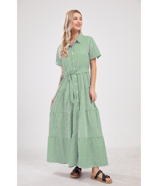 utcoco Womens Casual Short Sleeve Button Down Tie Waist Ruffled Striped Maxi Shirt Dress