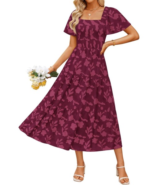 ZESICA Women‘s Summer Boho Floral Midi Dress 2025 Casual Short Sleeve Square Neck Flowy Beach Vacation Long Dress