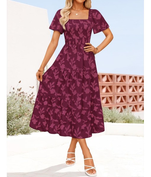 ZESICA Women‘s Summer Boho Floral Midi Dress 2025 Casual Short Sleeve Square Neck Flowy Beach Vacation Long Dress