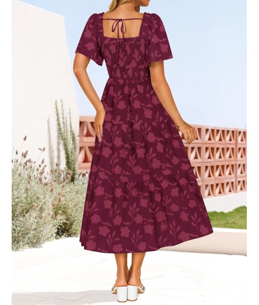 ZESICA Women‘s Summer Boho Floral Midi Dress 2025 Casual Short Sleeve Square Neck Flowy Beach Vacation Long Dress