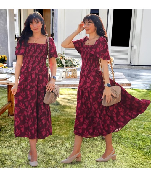 ZESICA Women‘s Summer Boho Floral Midi Dress 2025 Casual Short Sleeve Square Neck Flowy Beach Vacation Long Dress