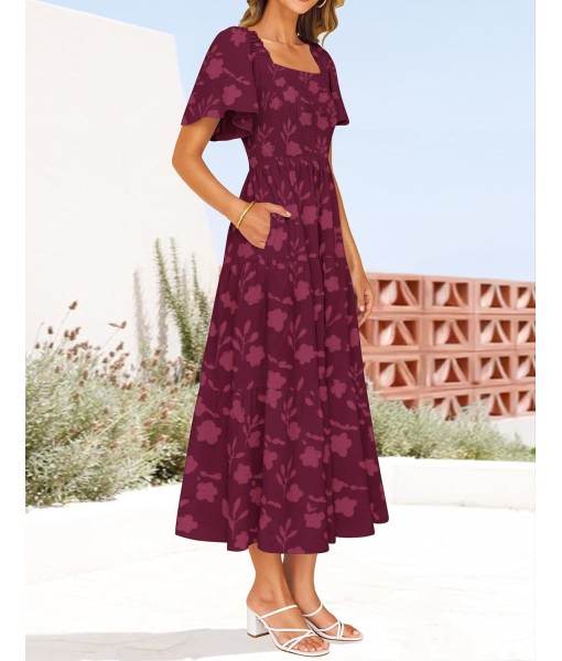 ZESICA Women‘s Summer Boho Floral Midi Dress 2025 Casual Short Sleeve Square Neck Flowy Beach Vacation Long Dress