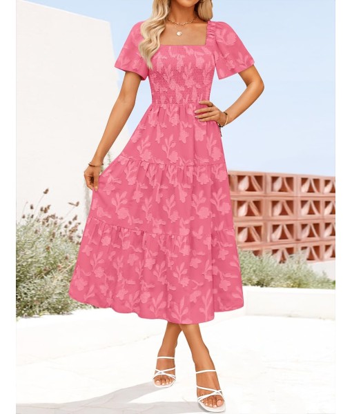 ZESICA Women‘s Summer Boho Floral Midi Dress 2025 Casual Short Sleeve Square Neck Flowy Beach Vacation Long Dress