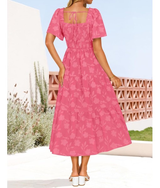 ZESICA Women‘s Summer Boho Floral Midi Dress 2025 Casual Short Sleeve Square Neck Flowy Beach Vacation Long Dress