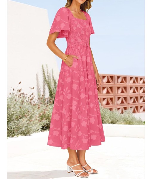 ZESICA Women‘s Summer Boho Floral Midi Dress 2025 Casual Short Sleeve Square Neck Flowy Beach Vacation Long Dress