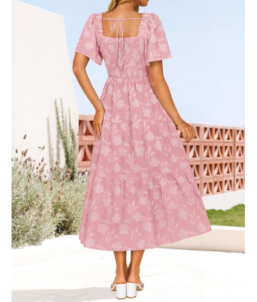 ZESICA Women‘s Summer Boho Floral Midi Dress 2025 Casual Short Sleeve Square Neck Flowy Beach Vacation Long Dress