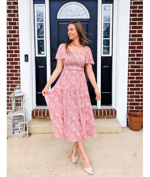 ZESICA Women‘s Summer Boho Floral Midi Dress 2025 Casual Short Sleeve Square Neck Flowy Beach Vacation Long Dress