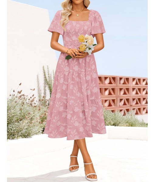 ZESICA Women‘s Summer Boho Floral Midi Dress 2025 Casual Short Sleeve Square Neck Flowy Beach Vacation Long Dress