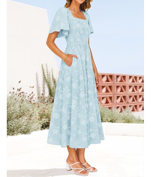 ZESICA Women‘s Summer Boho Floral Midi Dress 2025 Casual Short Sleeve Square Neck Flowy Beach Vacation Long Dress