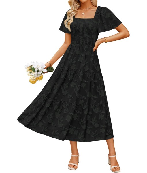 ZESICA Women‘s Summer Boho Floral Midi Dress 2025 Casual Short Sleeve Square Neck Flowy Beach Vacation Long Dress