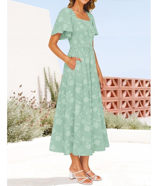 ZESICA Women‘s Summer Boho Floral Midi Dress 2025 Casual Short Sleeve Square Neck Flowy Beach Vacation Long Dress