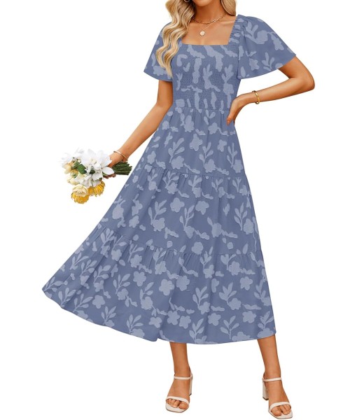 ZESICA Women‘s Summer Boho Floral Midi Dress 2025 Casual Short Sleeve Square Neck Flowy Beach Vacation Long Dress
