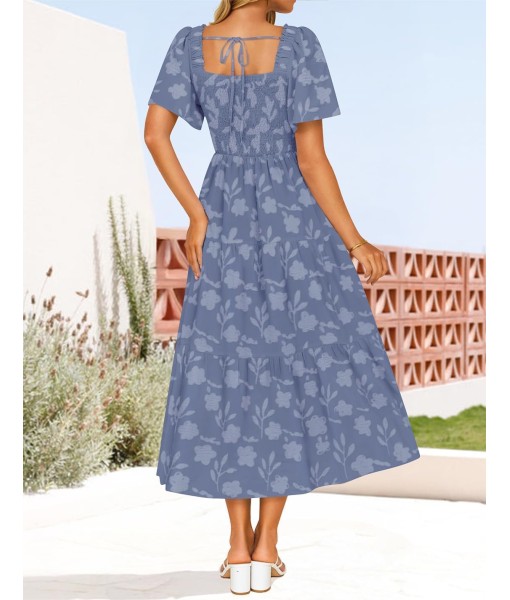 ZESICA Women‘s Summer Boho Floral Midi Dress 2025 Casual Short Sleeve Square Neck Flowy Beach Vacation Long Dress