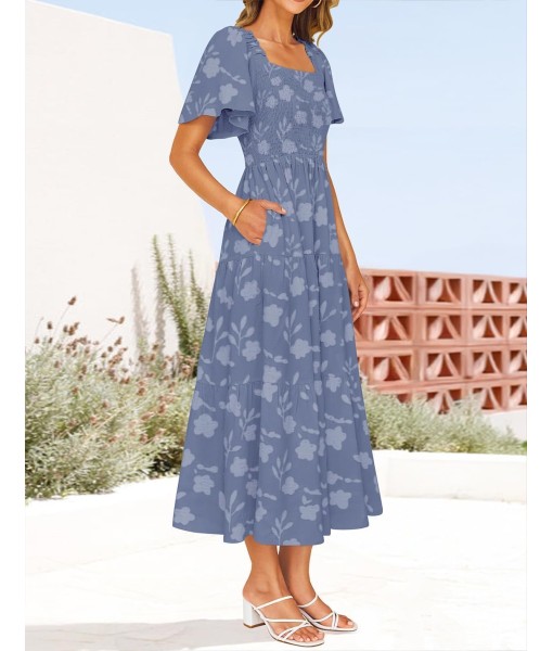 ZESICA Women‘s Summer Boho Floral Midi Dress 2025 Casual Short Sleeve Square Neck Flowy Beach Vacation Long Dress