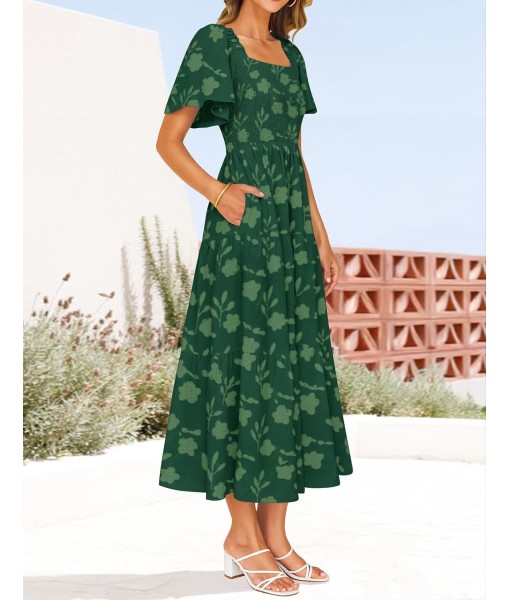 ZESICA Women‘s Summer Boho Floral Midi Dress 2025 Casual Short Sleeve Square Neck Flowy Beach Vacation Long Dress