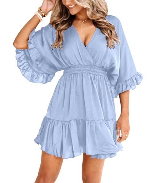 Aoysky Womens V Neck Casual Dresses Summer Loose High Waist Ruffle Pleated Cute Mini Short Dress
