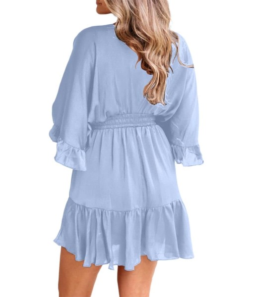 Aoysky Womens V Neck Casual Dresses Summer Loose High Waist Ruffle Pleated Cute Mini Short Dress