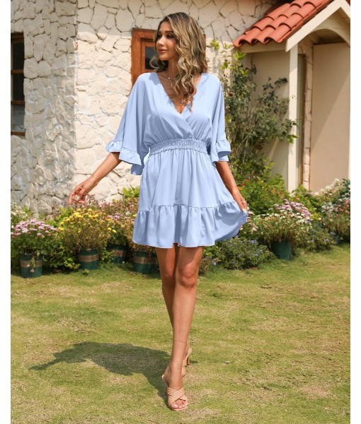 Aoysky Womens V Neck Casual Dresses Summer Loose High Waist Ruffle Pleated Cute Mini Short Dress