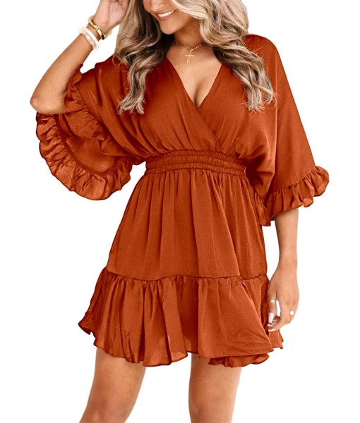Aoysky Womens V Neck Casual Dresses Summer Loose High Waist Ruffle Pleated Cute Mini Short Dress
