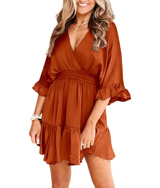 Aoysky Womens V Neck Casual Dresses Summer Loose High Waist Ruffle Pleated Cute Mini Short Dress