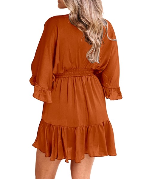 Aoysky Womens V Neck Casual Dresses Summer Loose High Waist Ruffle Pleated Cute Mini Short Dress