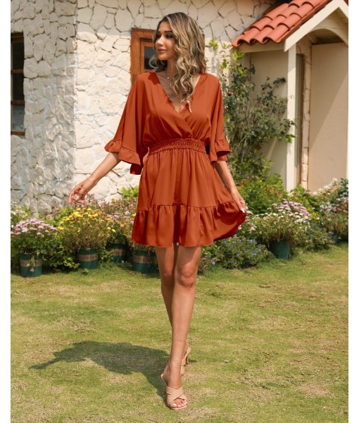 Aoysky Womens V Neck Casual Dresses Summer Loose High Waist Ruffle Pleated Cute Mini Short Dress