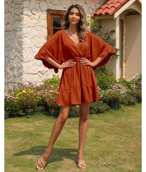 Aoysky Womens V Neck Casual Dresses Summer Loose High Waist Ruffle Pleated Cute Mini Short Dress