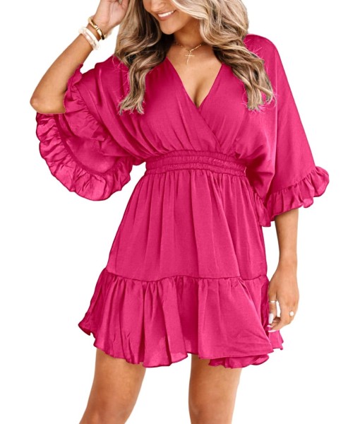 Aoysky Womens V Neck Casual Dresses Summer Loose High Waist Ruffle Pleated Cute Mini Short Dress