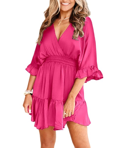 Aoysky Womens V Neck Casual Dresses Summer Loose High Waist Ruffle Pleated Cute Mini Short Dress