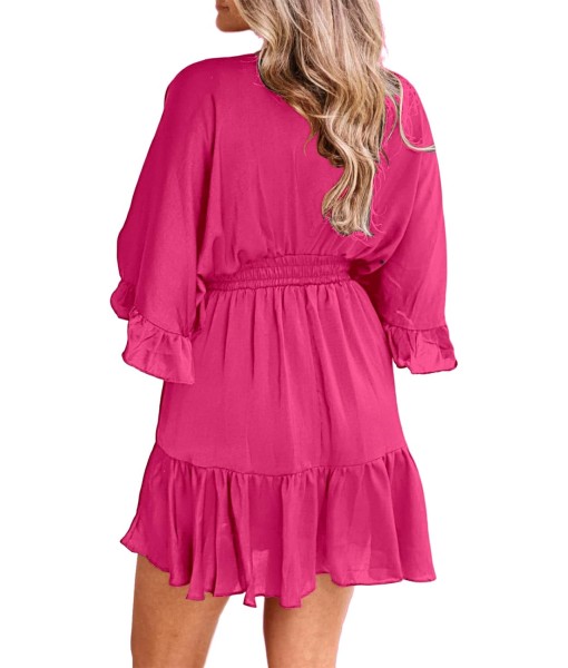 Aoysky Womens V Neck Casual Dresses Summer Loose High Waist Ruffle Pleated Cute Mini Short Dress