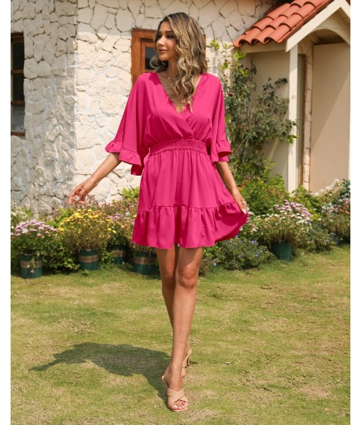 Aoysky Womens V Neck Casual Dresses Summer Loose High Waist Ruffle Pleated Cute Mini Short Dress