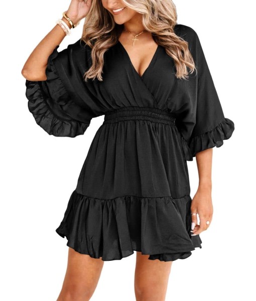 Aoysky Womens V Neck Casual Dresses Summer Loose High Waist Ruffle Pleated Cute Mini Short Dress