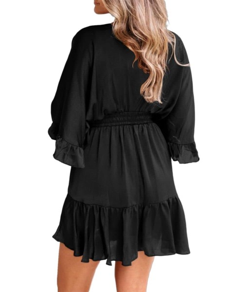 Aoysky Womens V Neck Casual Dresses Summer Loose High Waist Ruffle Pleated Cute Mini Short Dress