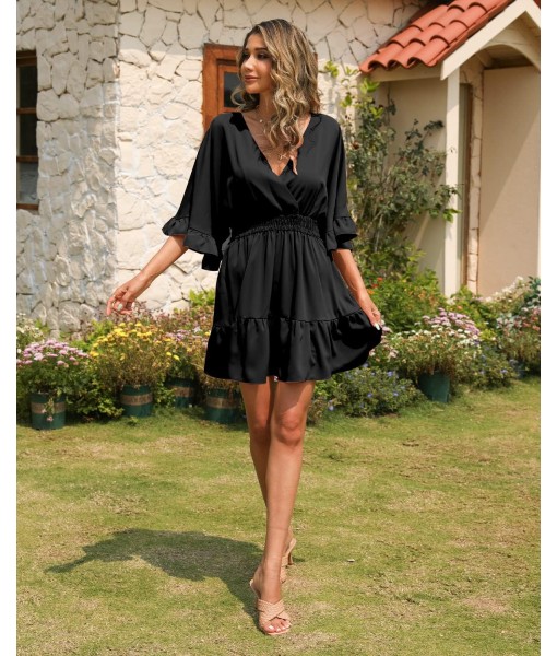 Aoysky Womens V Neck Casual Dresses Summer Loose High Waist Ruffle Pleated Cute Mini Short Dress