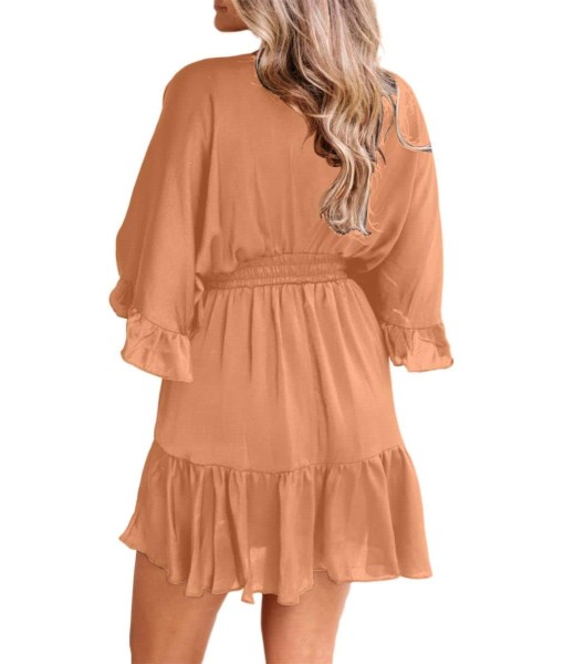 Aoysky Womens V Neck Casual Dresses Summer Loose High Waist Ruffle Pleated Cute Mini Short Dress