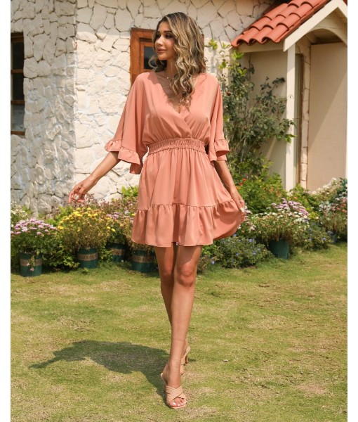 Aoysky Womens V Neck Casual Dresses Summer Loose High Waist Ruffle Pleated Cute Mini Short Dress
