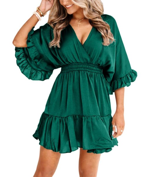 Aoysky Womens V Neck Casual Dresses Summer Loose High Waist Ruffle Pleated Cute Mini Short Dress