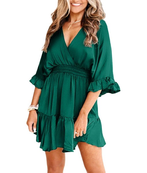 Aoysky Womens V Neck Casual Dresses Summer Loose High Waist Ruffle Pleated Cute Mini Short Dress