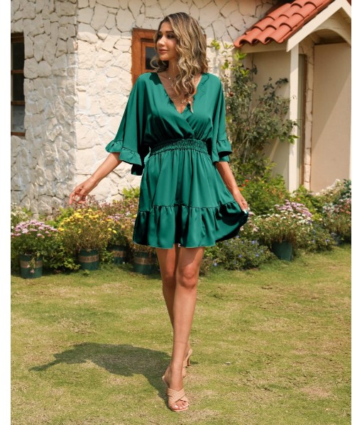 Aoysky Womens V Neck Casual Dresses Summer Loose High Waist Ruffle Pleated Cute Mini Short Dress