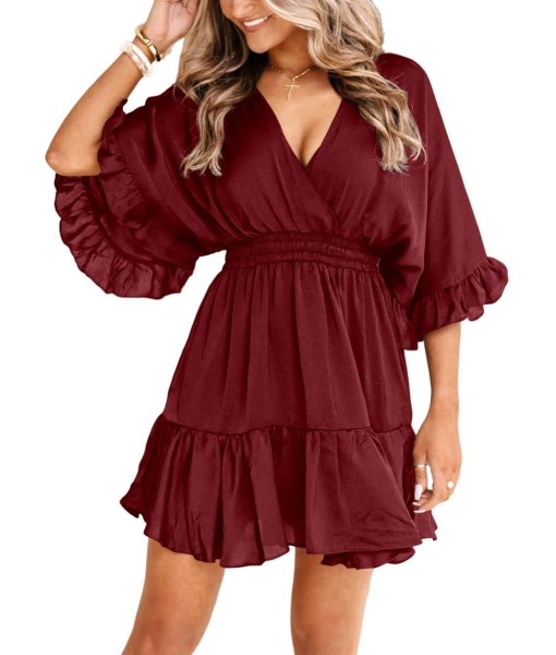 Aoysky Womens V Neck Casual Dresses Summer Loose High Waist Ruffle Pleated Cute Mini Short Dress