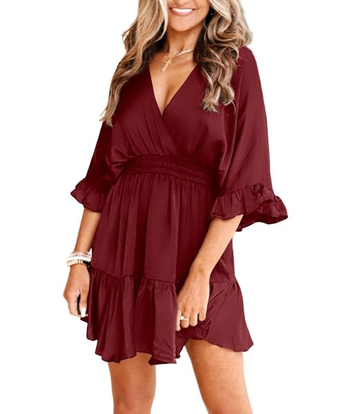 Aoysky Womens V Neck Casual Dresses Summer Loose High Waist Ruffle Pleated Cute Mini Short Dress