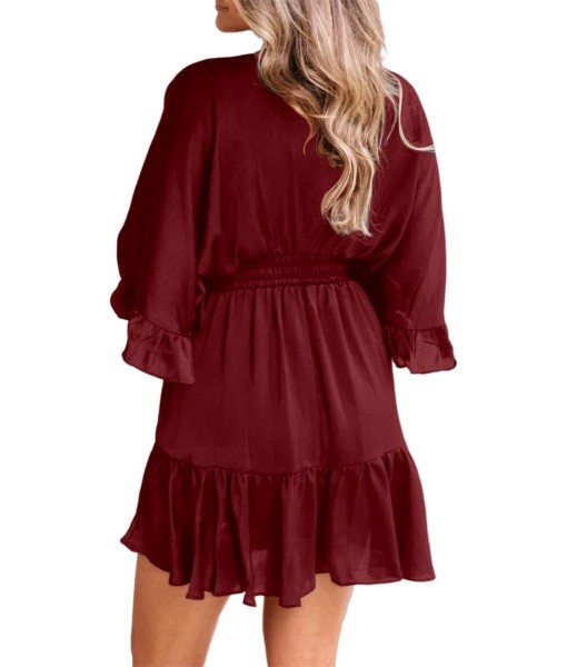 Aoysky Womens V Neck Casual Dresses Summer Loose High Waist Ruffle Pleated Cute Mini Short Dress