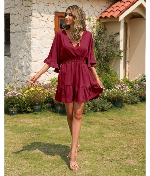 Aoysky Womens V Neck Casual Dresses Summer Loose High Waist Ruffle Pleated Cute Mini Short Dress